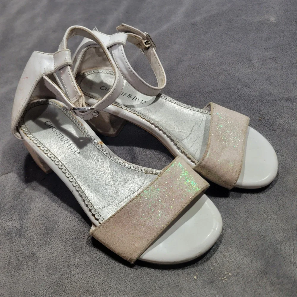 Christie & Jill Mallory Girls White Glitter‎ Block Heel Dress Sandals Size 13M